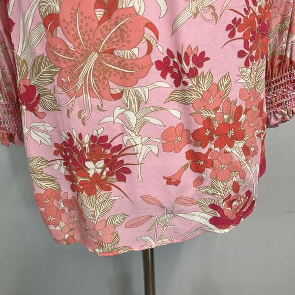 Talbots Blouse size Extra Small Pink Coral Floral Smocked Peasant Boho Wedding - Picture 4 of 8